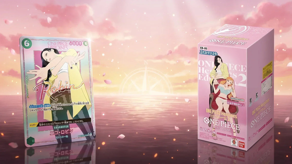Rosa japanisches One Piece EB-05 Display neben Nico Robin EB05-016 SP vor einem pastellrosa Sonnenuntergang über dem Meer