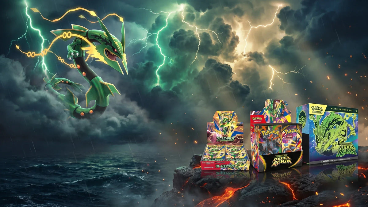 Pokémon: Mega-Rayquaza über Storm Emeralda auf Japanisch und Delta Reign auf Englisch