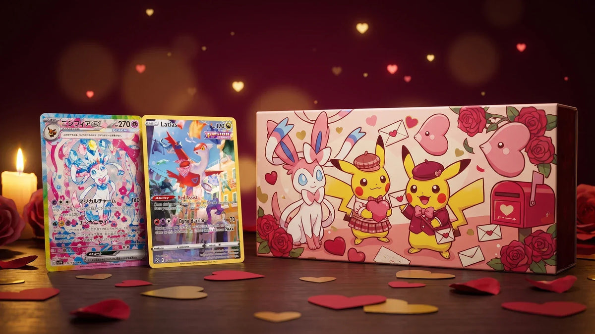 KI-Illustration zur Pokémon Valentins-Box 2027: Feelinara-ex und Latias neben einer frei gestalteten Valentinsbox mit Pikachu und Herzen, nicht die echte Produktverpackung.